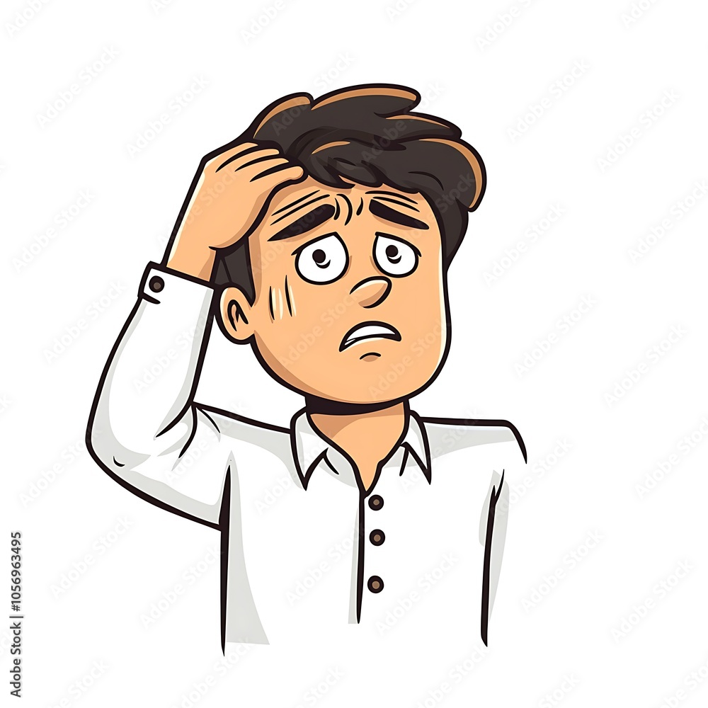 Cartoon employee looking nervous, wiping sweat from forehead on a white background. Cartoon employee looking nervous, wiping sweat from forehead on a white background.