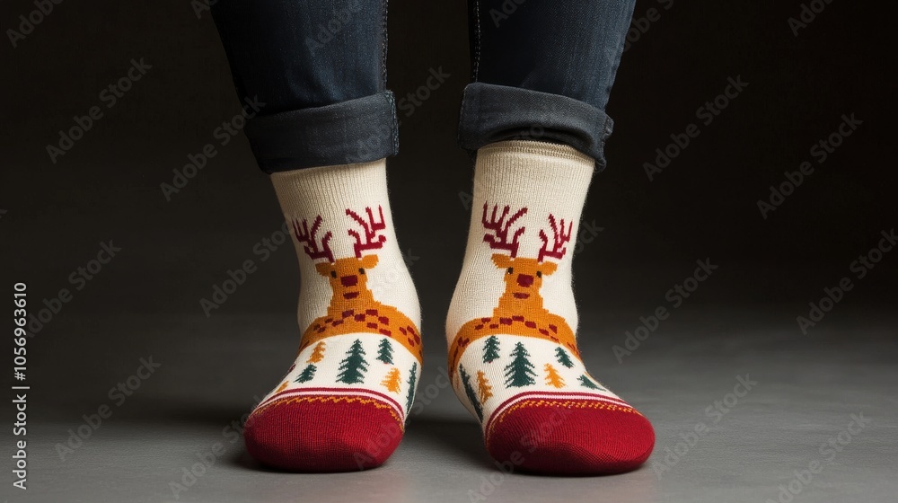 A Pair of White Socks with Reindeer and Christmas Tree Designs A Pair of White Socks with Reindeer and Christmas Tree Designs