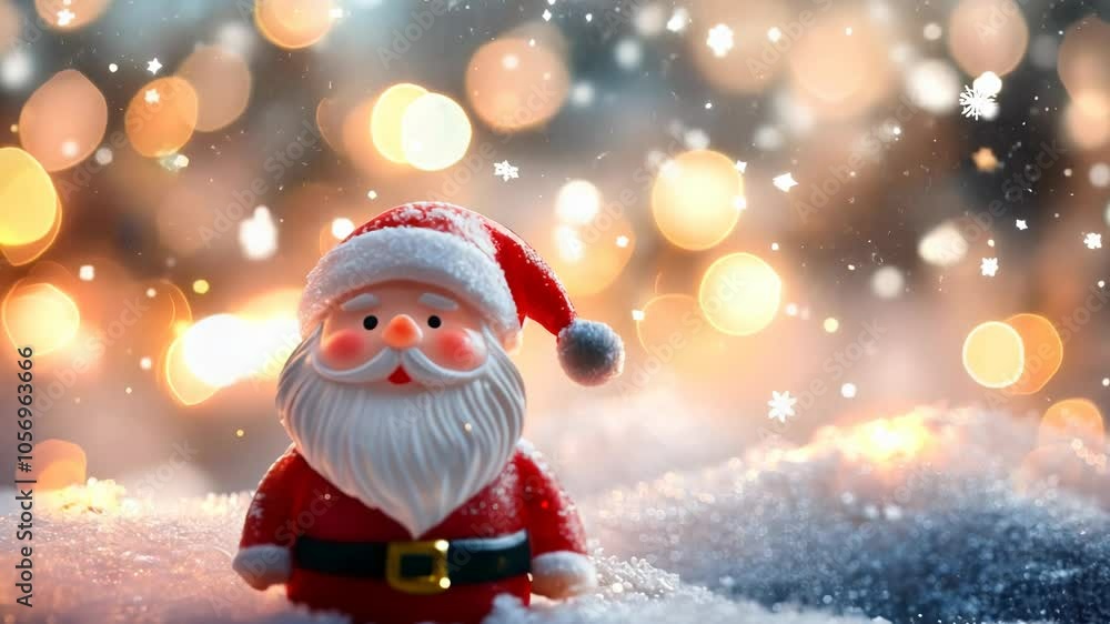 A festive Santa figurine surrounded by snow and soft glowing lights, evoking holiday cheer. A festive Santa figurine surrounded by snow and soft glowing lights, evoking holiday cheer.