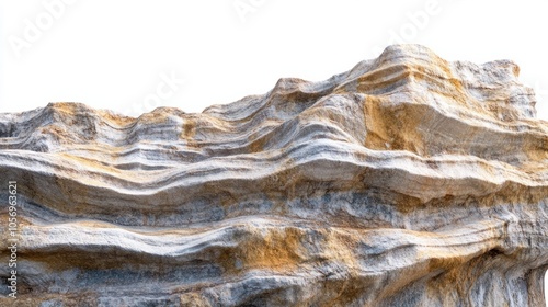 Layered mountain rock with wave shapes formed by erosion, revealing natural patterns, isolated on white xac