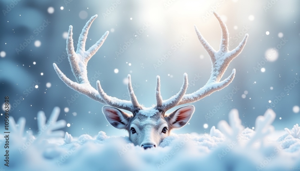 Adorable winter spirit deer peeking through the snow with frosty antlers in a magical snowy forest Adorable winter spirit deer peeking through the snow with frosty antlers in a magical snowy forest