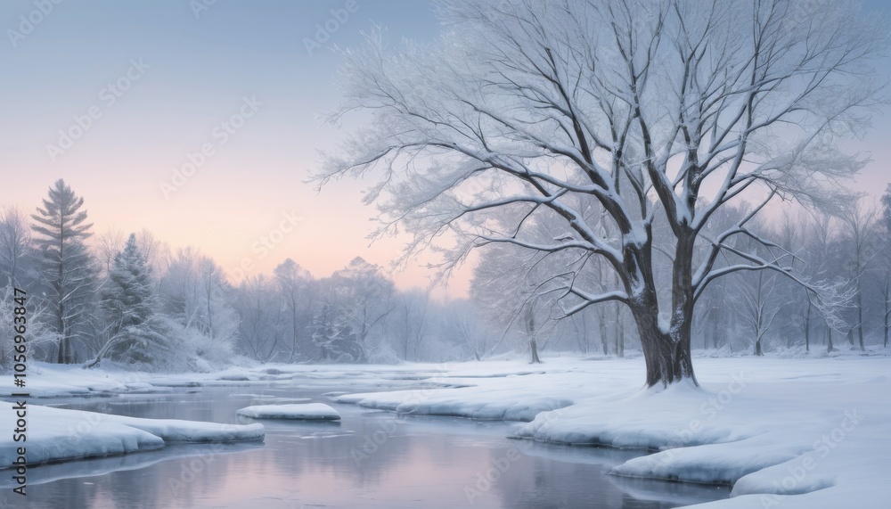 Majestic winter spirit scene featuring a solitary tree by a tranquil river in a frosty landscape at dawn Majestic winter spirit scene featuring a solitary tree by a tranquil river in a frosty landscape at dawn