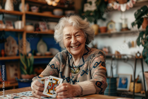 Smiling senior elderly gray-haired woman looks into camera happy with playing cards in her hands nurcery room. Activities and entertainment for pensioners  photo