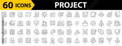 Project management 60 icon set. Time management. Planning concept icons. Report, plan, startup, gear, lightbulb and more. Vector illustration