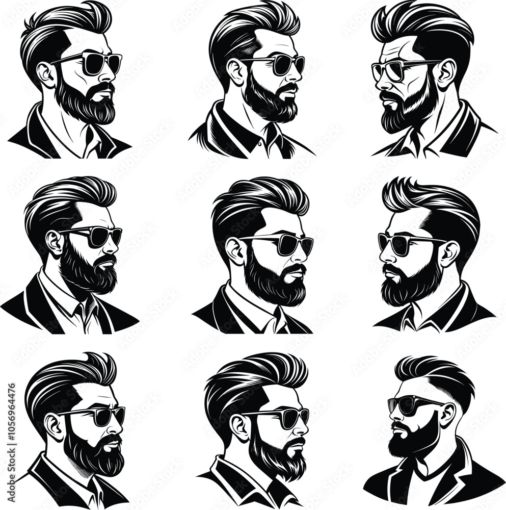 Hipster Man Portrait with Creative Beard and Stylish Hairstyle in Black and White Graphic Design. Hipster Man Portrait with Creative Beard and Stylish Hairstyle in Black and White Graphic Design.