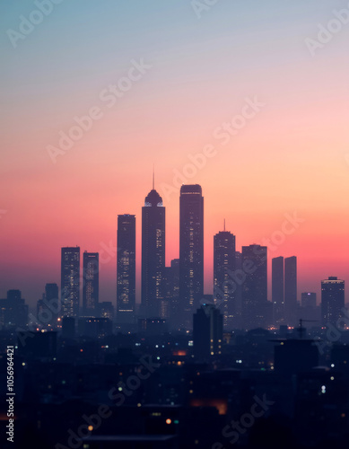 Peaceful urban skyline at dusk with colorful gradient sky reflecting city silhouettes