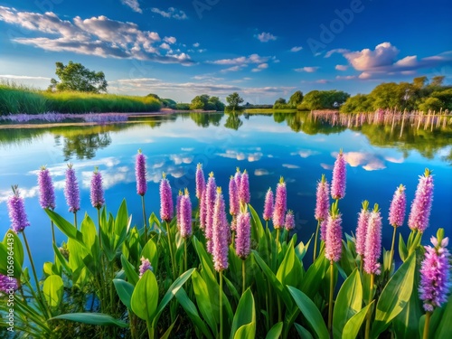 Panoramic Photography of Vibrant Pink Pickerelweed in Serene Thai Wetlands, Showcasing Nature's Beauty and Tranquility in a Lush Environment photo