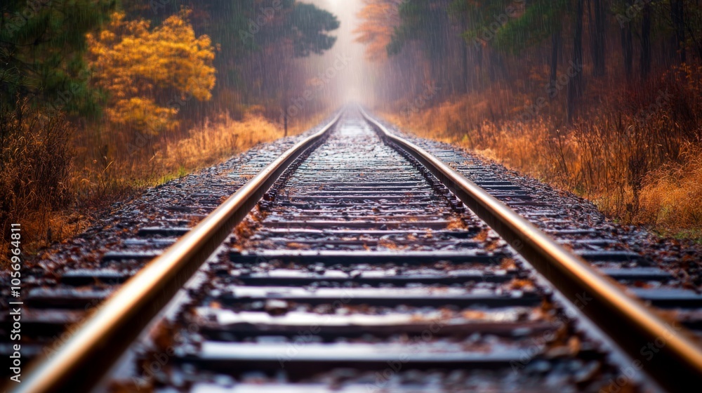 Obraz premium Railway Tracks Disappearing into a Misty Forest During a Light Rain