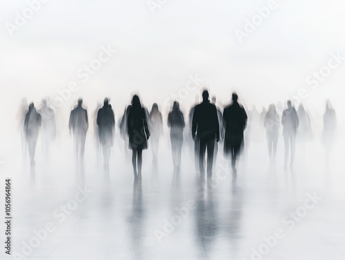 Blurry silhouettes of people emerge in a foggy environment, creating an ethereal and mysterious atmosphere.