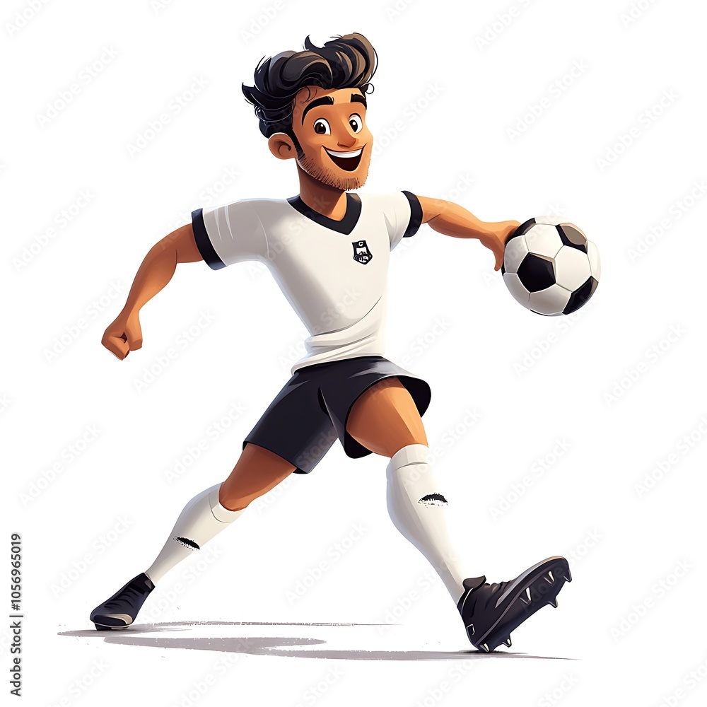 A cartoon soccer player kicking a ball on a white background. A cartoon soccer player kicking a ball on a white background.