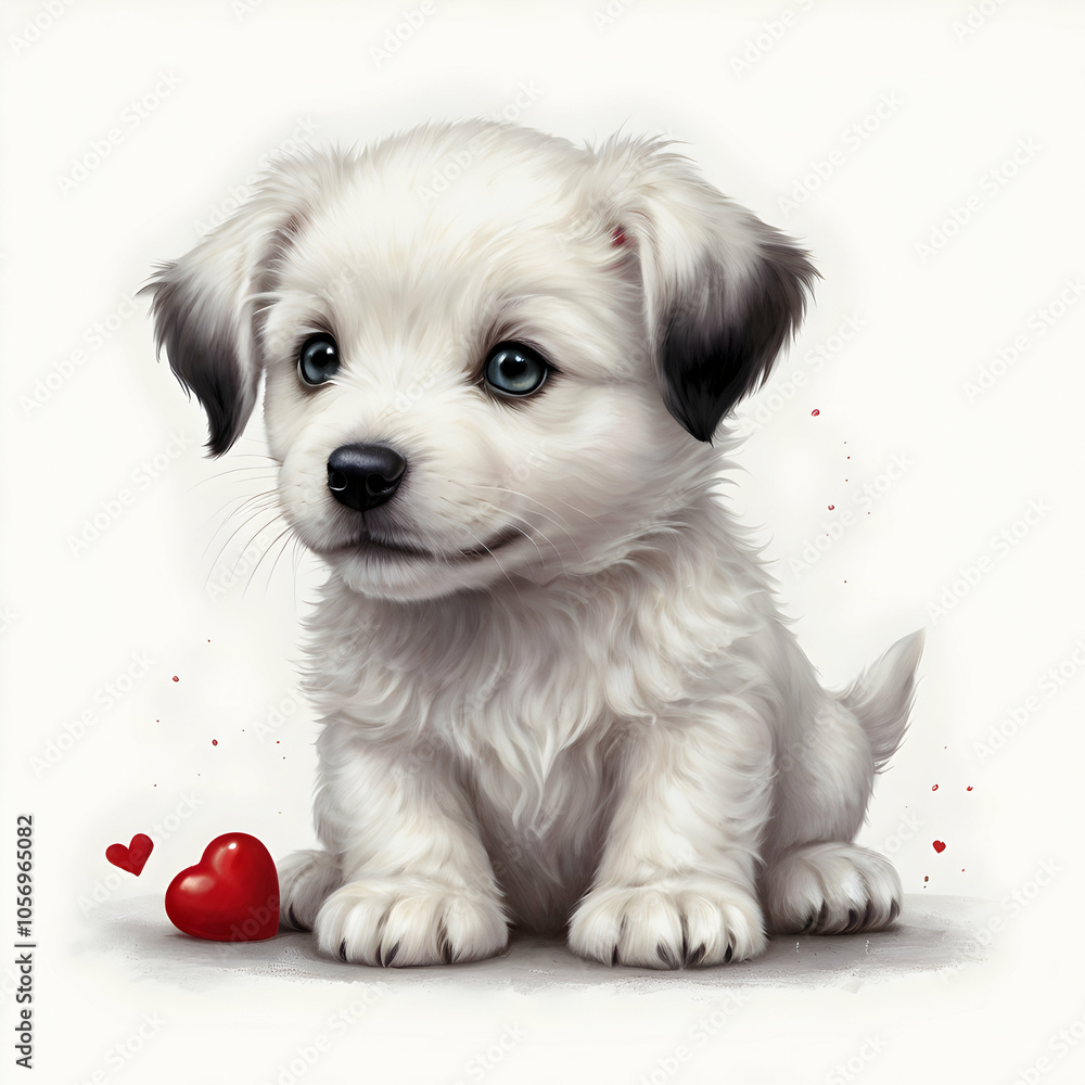 In this endearing illustration, a white puppy with large, expressive eyes and a shy smile appears playfully innocent. Covered in red lipstick marks, evidence of many affectionate kisses, the puppy is In this endearing illustration, a white puppy with large, expressive eyes and a shy smile appears playfully innocent. Covered in red lipstick marks, evidence of many affectionate kisses, the puppy is
