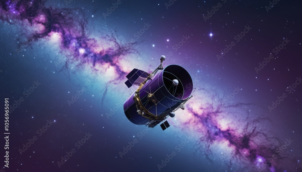 Naklejka premium Space telescope orbiting in vibrant galaxy with colorful nebula background