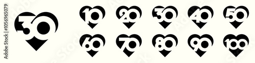 collection of creative love number 10 to 100 logo designs. abstract number design vector illustration