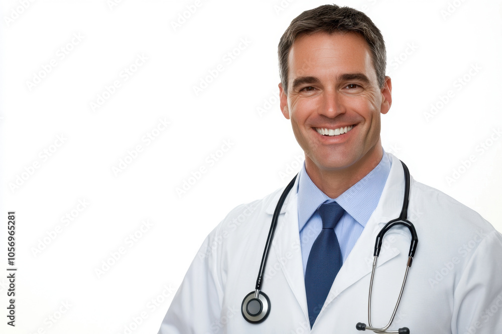 Man doctor in white coat smile on white isolated background looks into camera, copy space, space for text, health Man doctor in white coat smile on white isolated background looks into camera, copy space, space for text, health