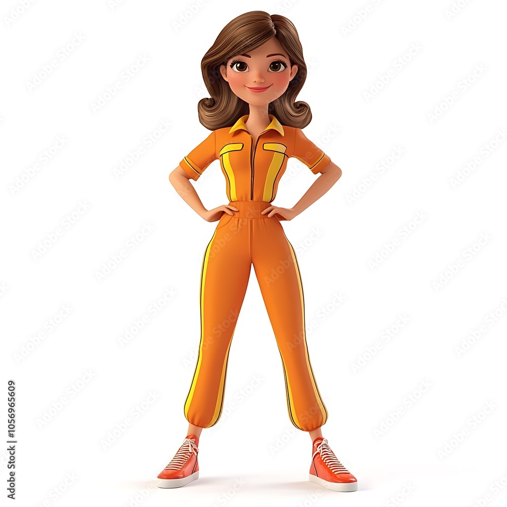 Cartoon girl in a retro 70s jumpsuit on a white background.