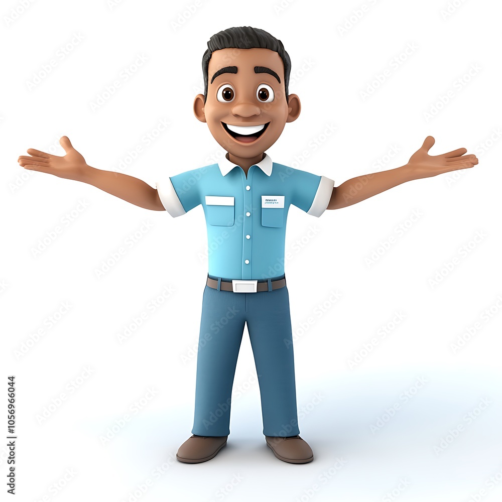 Cartoon employee with arms wide open, welcoming someone with a smile on a white background. Cartoon employee with arms wide open, welcoming someone with a smile on a white background.