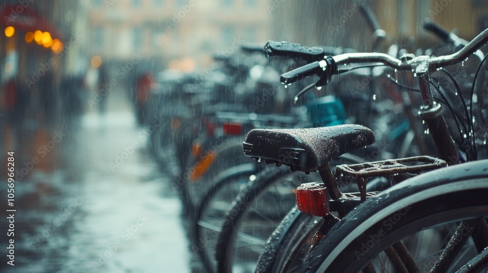 A Row of Bicycles Parked in the Rain A Row of Bicycles Parked in the Rain