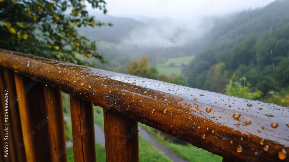 Fototapeta premium Rain Drops on Wooden Railing with Mountain View