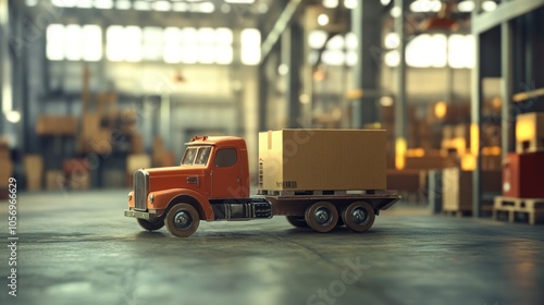 A miniature orange truck with a cardboard box, set in a warehouse environment.