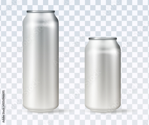 Aluminium cans, silver beer, soda or lemonade juice, coffee or energy drink mockup. Realistic vector aluminum cans for drink packaging.