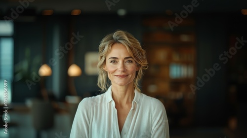 A close-up corporate portrait of a woman smiling in an office setting