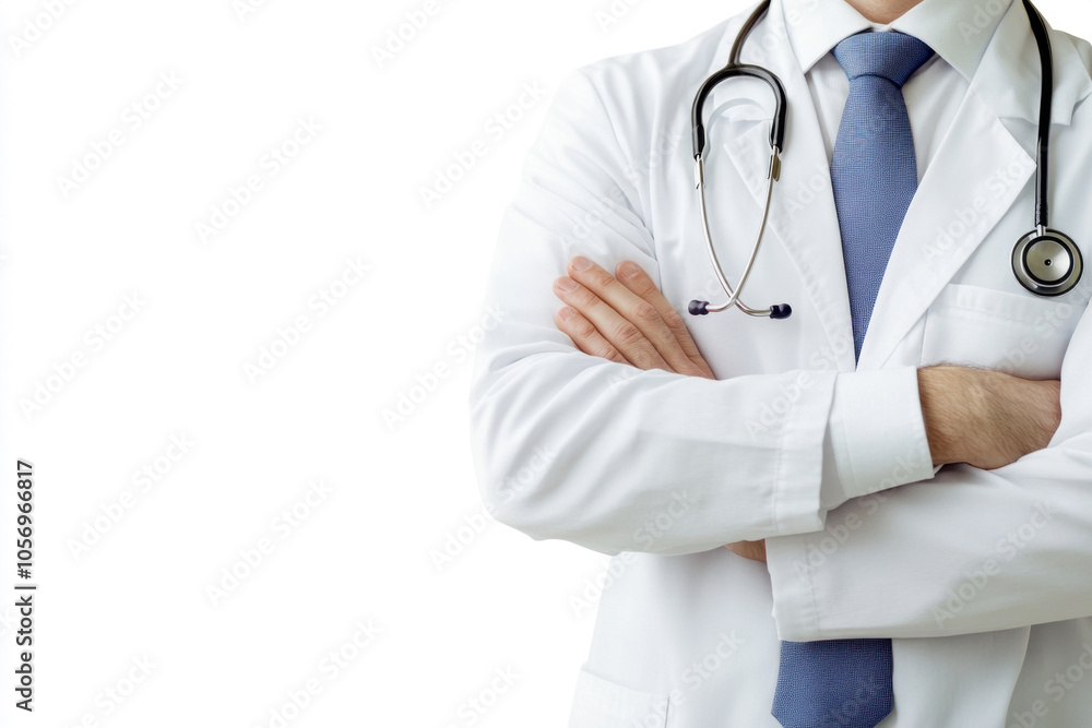 Man doctor no face visible in white coat on white isolated background, copy space, space for text, health Man doctor no face visible in white coat on white isolated background, copy space, space for text, health
