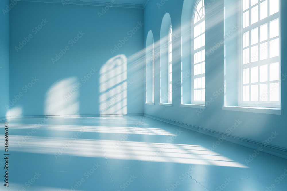 Abstract background of blue empty room with podium and sunlight Abstract background of blue empty room with podium and sunlight