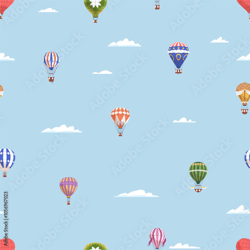 Hot air balloons, seamless pattern. Endless background, tiny aerostats flying. Airships floating, repeating print for wrapping, wallpaper design. Aerial adventure, travel. Flat vector illustration