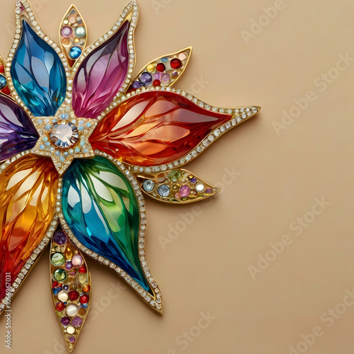 A photograph of a luxurious multicolored prismatic crystal Amarilys blossom, embellished with golden diamonds and rhinestones. The flower features intricate, colorful inlays forming a zentangle star p