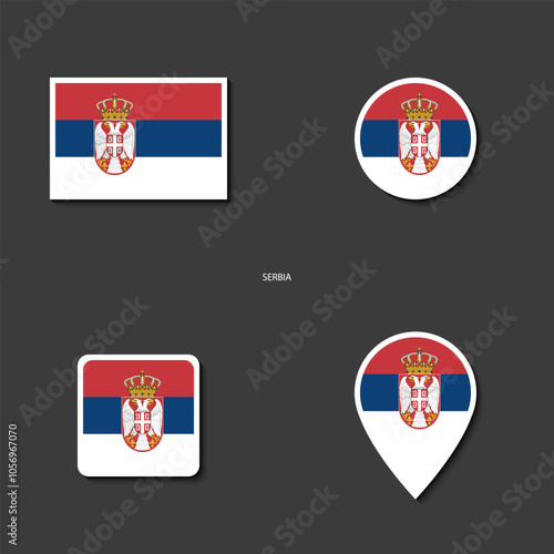 Serbia flag icon set in different shape (rectangle, circle, square and marker icon) on dark grey background. Serbia sticker icon collection on barely dark background 