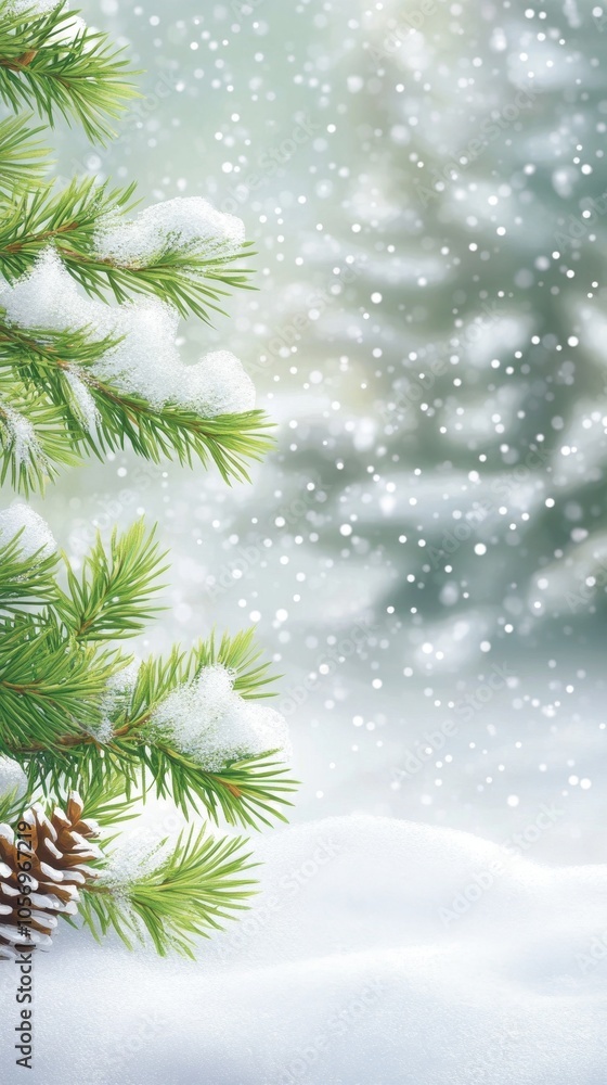 Winter Wonderland: Snowy Pine Branches and Sparkling Bokeh Winter Wonderland: Snowy Pine Branches and Sparkling Bokeh
