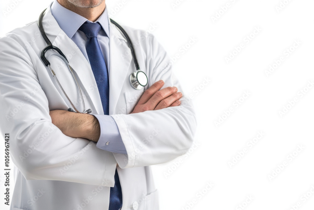 Man doctor no face visible in white coat on white isolated background, copy space, space for text, health Man doctor no face visible in white coat on white isolated background, copy space, space for text, health