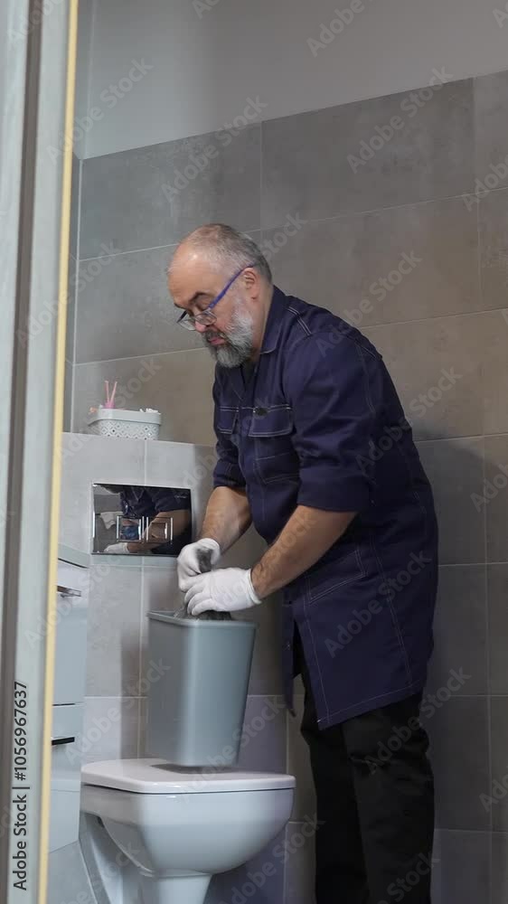 Middle -aged male maid in rubber protective gloves cleaning up a shower in a hotel room. Commercial cleaning company on hotel business concept Middle -aged male maid in rubber protective gloves cleaning up a shower in a hotel room. Commercial cleaning company on hotel business concept