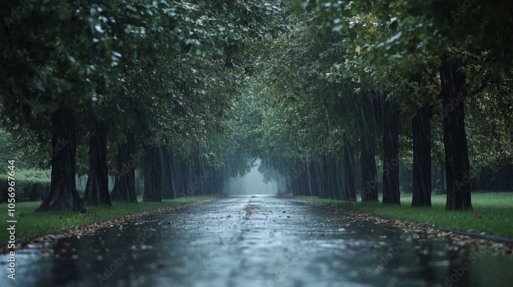 Fototapeta premium Rainy Day Pathway Through a Lush Green Tree Tunnel