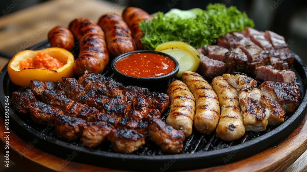 Grilled Sausages, Chicken, Beef, and Veggies on a Hot Plate Grilled Sausages, Chicken, Beef, and Veggies on a Hot Plate