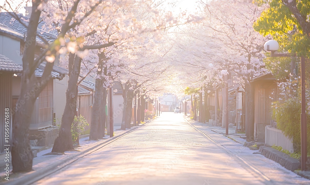 Obraz premium A serene street lined with cherry blossom trees, creating a peaceful atmosphere.