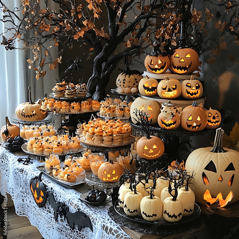 Pumpkin Themed Halloween Dessert Table Featuring Spooky Decorations Creating Eerie Atmosphere picture