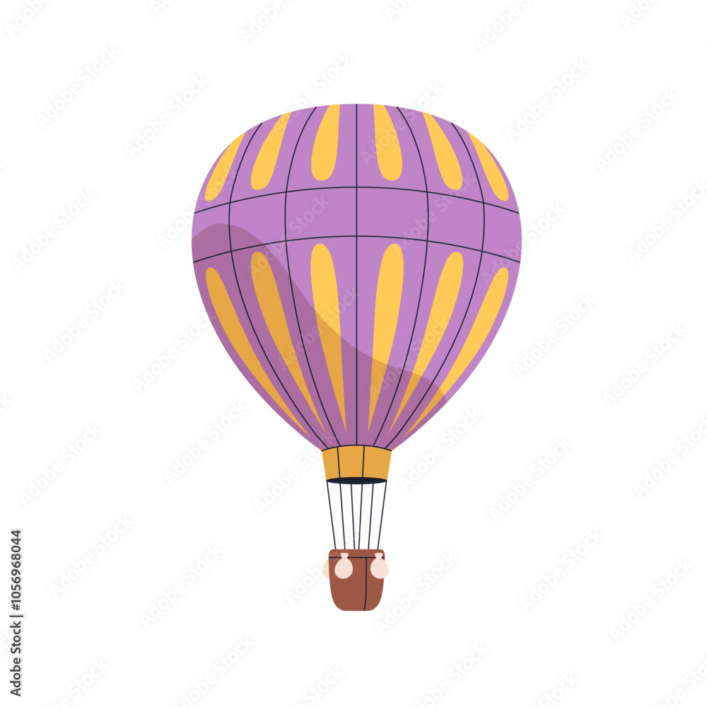 Obraz premium Hot air balloon flying up. Hotair baloon with basket floating. Aerostat travel, adventure. Retro transport, airship soaring. Flat graphic vector illustration isolated on white background