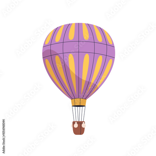 Hot air balloon flying up. Hotair baloon with basket floating. Aerostat travel, adventure. Retro transport, airship soaring. Flat graphic vector illustration isolated on white background