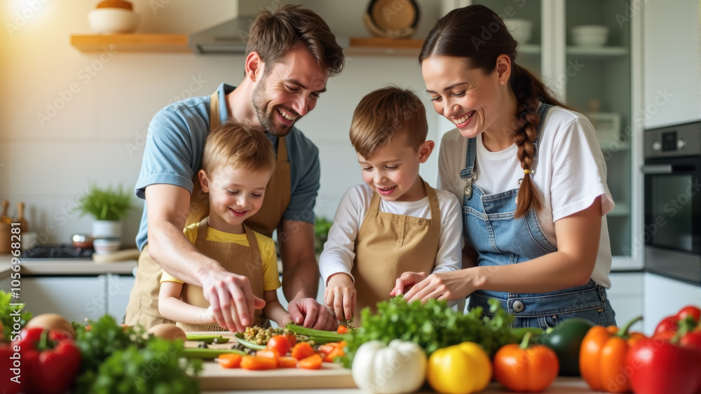 Family cooking together in a bright kitchen with fresh vegetables Family cooking together in a bright kitchen with fresh vegetables