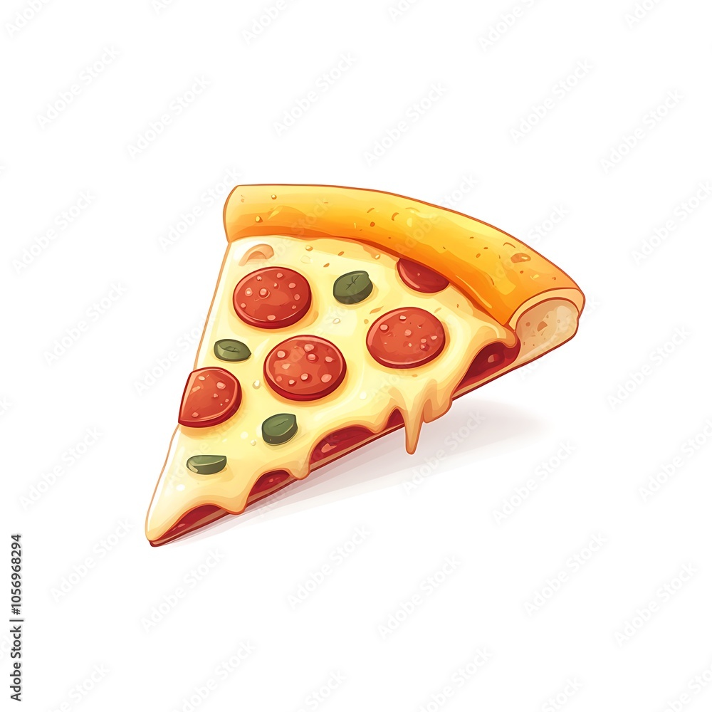 A cartoon delicious slice of pizza with cheese, pepperoni, and sauce on a white background. A cartoon delicious slice of pizza with cheese, pepperoni, and sauce on a white background.