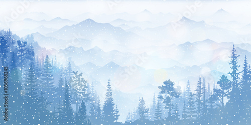 Winter mountain landscape, forest and sunset sky, blizzard and snowfall