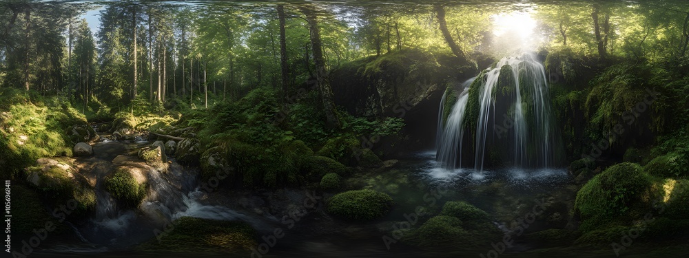 A small waterfall in the Black Forest, Germany. The water flows over moss-covered rocks and boulders into a stream that runs through an ancient forest with towering trees. A small waterfall in the Black Forest, Germany. The water flows over moss-covered rocks and boulders into a stream that runs through an ancient forest with towering trees.