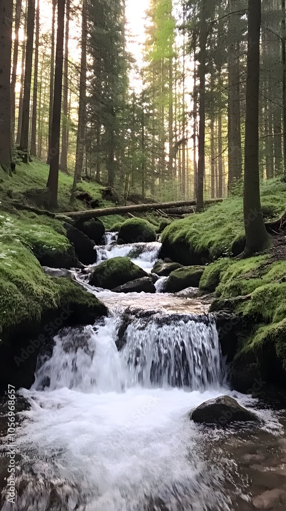 A small waterfall in the Black Forest, Germany. The water flows over moss-covered rocks and boulders into a stream that runs through an ancient forest with towering trees.