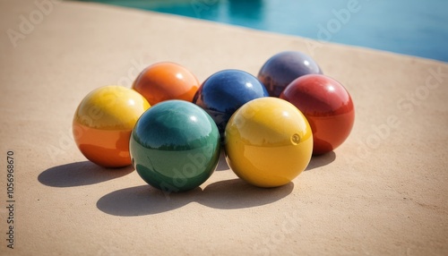 Brightly colored bocce balls arranged on a smooth surface near a pool, sunny outdoor setting photo