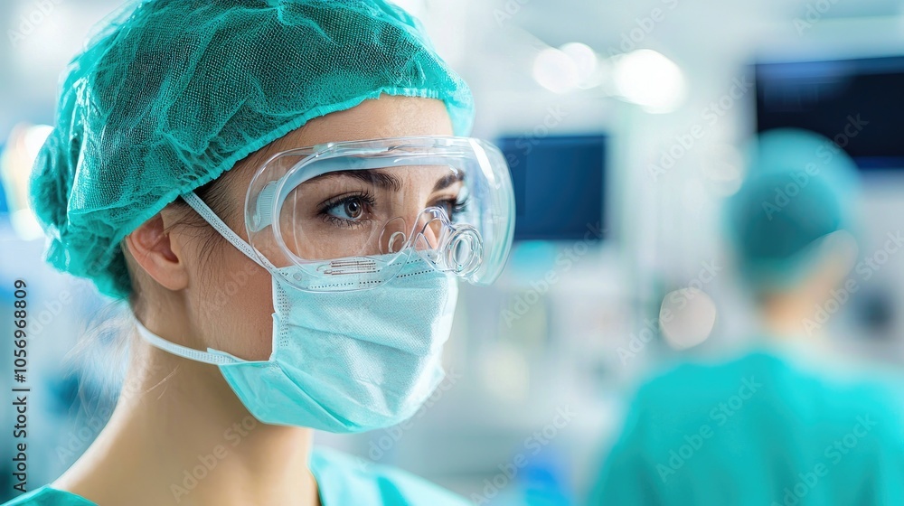 Closeup of a medical technologist in protective gear at the hospital setting Closeup of a medical technologist in protective gear at the hospital setting