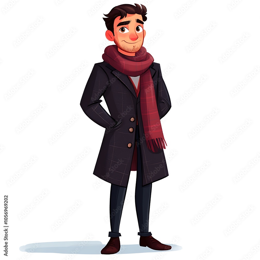 Cartoon guy in a tailored peacoat and scarf on a white background. Cartoon guy in a tailored peacoat and scarf on a white background.