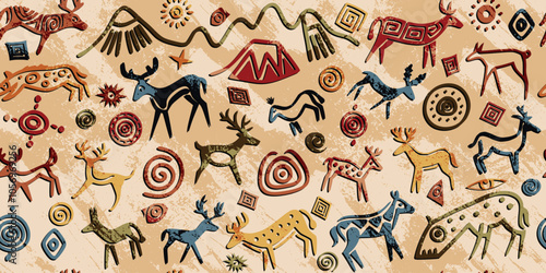 Seamless petroglyph pattern, rock paintings, naive art, vector design