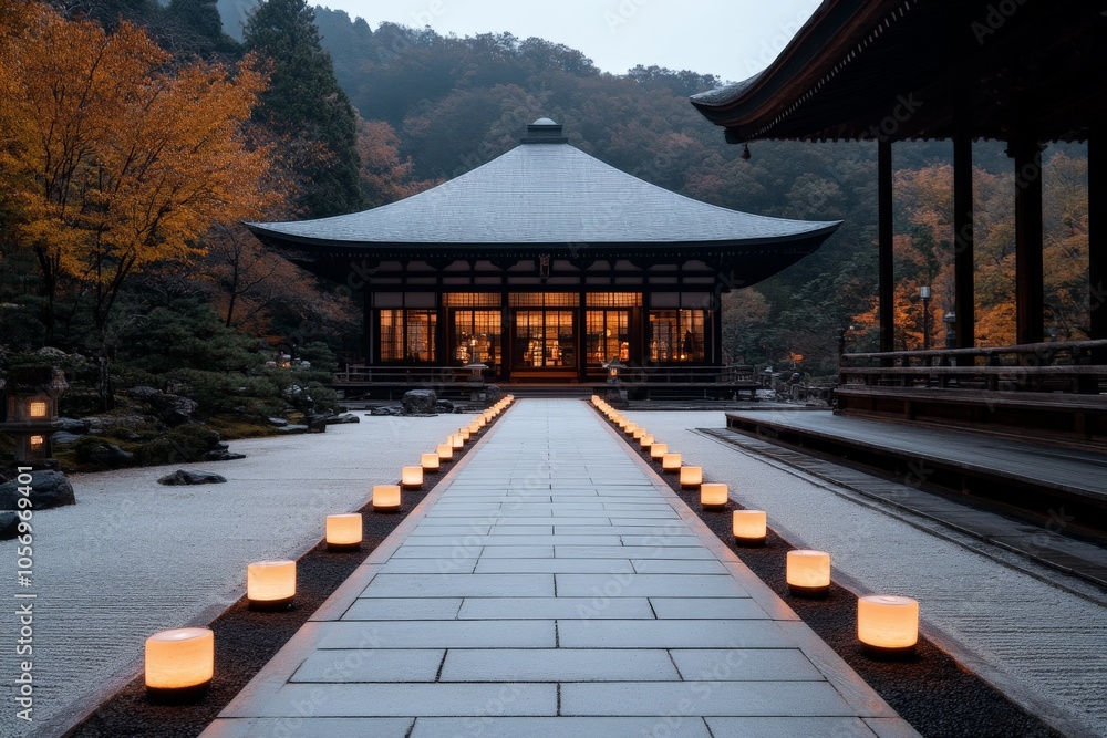 An enchanting path illuminated by glowing lights leads to a traditional Japanese temple set amidst autumnal foliage, creating a serene and spiritual atmosphere.