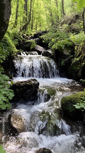 A small waterfall in the Black Forest, Germany. The water flows over moss-covered rocks and boulders into a stream that runs through an ancient forest with towering trees.